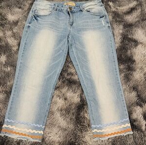Democracy Light Blue Ankle Cropped Jeans with Frayed Hem and Orange Embroidery